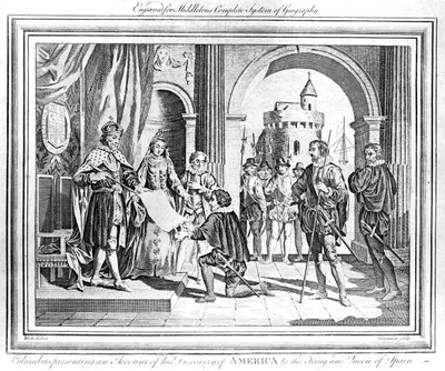 Cristoforo Colombo (1451-1506) presenta un resoconto della sua scoperta dell